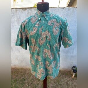 PreOwned Reyn Spooner Classic Hawaiian Print 3/4 Button Men's S Green/Brown